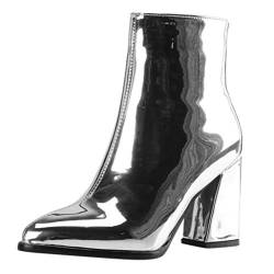 OYSOHE Stiefeletten Damen Lackleder Wasserdicht Winterstiefel Frauen Casual Ankle Boots Kurzschaft Stiefel mit Absatz(Silber,43 CN von OYSOHE Damen