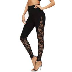 OYSOHE Damen Leggings Spitze Patchwork Skinny Hose Yoga Sporthose Freizeithosen(Schwarz,X-Large) von OYSOHE