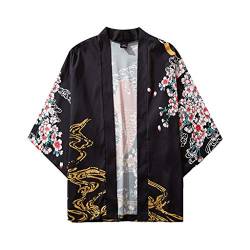 Koi Karpfen Fisch Kirschblüten Druck Japanische Kimono Männer Strickjacke Jacken Streetwear Hip Hop Harajuku Casual Male Kleidung Tops, Schwarzes Koi-Muster, L von OYZ