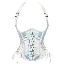 Korsage Damenfrauen Pu Kunstleder Korsett Neckholder Punk Top Gothic Ohne Knochen Unterbrust Bustier Plus Size Taille Cincher Body Shaper Halloween Pirat Cosplay Bustier Top,Silber,XXL von OZEO