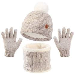 OZERO Warm Wintermütze und Handschuhe Schal Set, Beanie Mütze Winterhandschuhe Fleecefutter Jungen/Mädchen (Beige, Kind) von OZERO