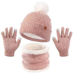 OZERO Warm Wintermütze und Handschuhe Schal Set, Beanie Mütze Winterhandschuhe Fleecefutter Jungen/Mädchen (Rosa, Kind) von OZERO