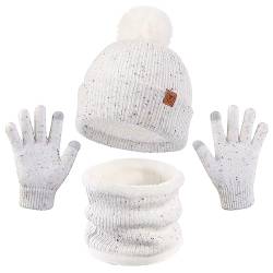 OZERO Warm Wintermütze und Handschuhe Schal Set, Beanie Mütze Winterhandschuhe Fleecefutter Jungen/Mädchen (Weiß, Kind) von OZERO