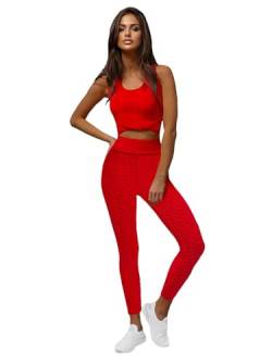 OZONEE Damen 2-Teilig Set Tank Top + Leggings Jogginganzug Trainingsanzug Sportleggings Sportanzug Freizeitanzug Sport Anzug Hausanzug Fitness Tracksuit Fitnessanzug JS/YW88037Z/5 ROT M von OZONEE