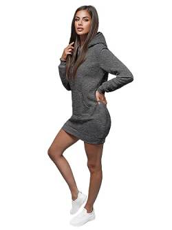 OZONEE Damen Hoodie Kapuzenpullover Lang Sweatjacke Sweatkleid Winterkleid Herbstkleid Kleid Sweatshirt Sweatshirtkleid Kapuzenjacke Kapuzenpulli Kapuze Langarm Sport 777/1440B/5 DUNKELGRAU S von OZONEE