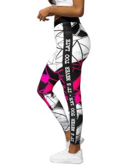 OZONEE Damen Leggings Leggins Lang Sportleggings Baumwolle Blickdicht High Waist Hüfthoch Hohe Taille Hochbund Knöchellang Sport Unifarbe Einfarbig 777/9303S SCHWARZ-ROSA S von OZONEE