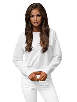 OZONEE Damen Sweatshirt Crop Top Pullover Bauchfrei Langarm Farbvarianten Oversized Langarmshirt Pulli ohne Kapuze Baumwolle Baumwollmischung Classic Basic Sport JS/8B938Z/1 WEIẞ L von OZONEE