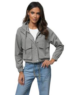 OZONEE Damen Übergangsjacke Jacke Windjacke Sommerjacke Übergang Jacken Sportjacke Stehkragen Kapuze Kapuzenjacke Leichte Outdoor Jacket Gepolstert 777/3294K GRAU L/XL von OZONEE