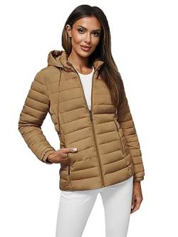 OZONEE Damen Übergangsjacke Regenjacke Jacke Übergang Jacken Herbst Bomberjacke Stehkragen Kapuze Steppjacke Kapuzenjacke Leichte Outdoor Puffer Jacket Gepolstert 777/6056K/84 DUNKELBEIGE M von OZONEE