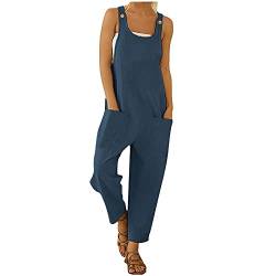 Jumpsuit Damen Sommer Latzhose Hosenanzug Locker Lässiger Sommerhose Oversized Arbeitshose Ärmellos Overall Spaghettiträger Trägerhose Strampler Playsuit Latzhose mit Große Taschen (Blue, L) von OZhenXiangZh