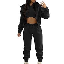 OZhenXiangZh 3 Stücke Damen Sportanzüge Jogginganzug Sport Sets Yoga Outfit Freizeitanzug Sportswear Langarm Kapuzenjacke + Crop Top + Jogginghose mit Taschen, Damen Sweatshirt Hoodie Jogginghose von OZhenXiangZh