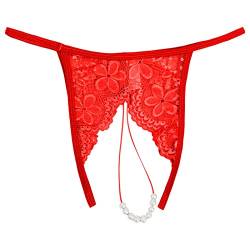 Sexy Höschen mit Offenem Schritt Pantys mit Perlen Höschen Spitze String Tanga G-String Unterhosen Reizwäsche Thongs Atmungsaktiv Dessous Tanga G String Stringtangas Ouvert Reizwäsche Dessous (Red, L) von OZhenXiangZh