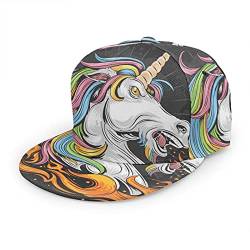 Oaieltj Unisex Baseball Cap Damen Herren Einstellbare Snapback Flat Bill Brim Baseball Cap Cool Hip Hop Hat, Cooles Regenbogen-Einhorn-Feuer, One size von Oaieltj