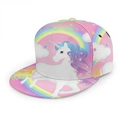 Oaieltj Unisex Baseballkappe Erwachsene Teenager Verstellbar Snapback Flache Krempe Baseball Cap Cool Hip Hop Hut, Rosa Einhorn Regenbogen Wolke, One size von Oaieltj