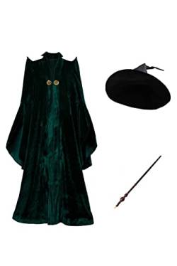 Oakamy Minerva Mcgonagall Kostüm Hexe Vampir Robe Hexe Halloween Karneval Cosplay Hexenkleid Kragen Langer Umhang Zauberstab (Set, 3XL) von Oakamy