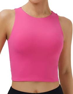 Damen High Neck Crop Top Ärmellos Racer Back Basic Workout Tank Tops Shirt, Knallpink (Hot Pink), Mittel von Oalka