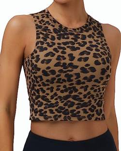 Oalka Damen High Neck Longline Sport BHs Gepolstert Workout Crop Tops Yoga Tank Tops, Khaki, Leopard, X-Groß von Oalka