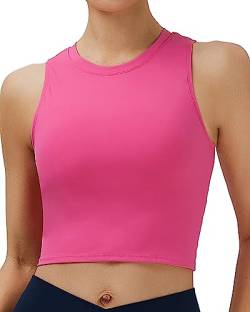 Oalka Damen High Neck Longline Sport BHs Gepolstert Workout Crop Tops Yoga Tank Tops, Knallpink (Hot Pink), X-Large von Oalka