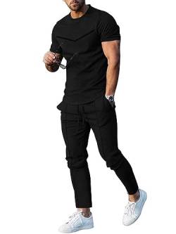 Oanviso 2 Teiliges Sommer T-Shirts + Kurze Hose Einfarbig Freizeitanzug Sportanzug Vintage Set Kurzarm Tops Sporthose Jogginghose Männer Casual Trainingsanzug C Schwarz 3XL von Oanviso