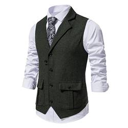 Oanviso Herren Anzugweste Frühling und Herbst V-Ausschnitt Tweed Weste Ärmellose Jacke Fischgrätmuster Anzug Weste mit Taschen und Knöpfe Klassische Business Anzugweste Casual Weste A Grün XXL von Oanviso