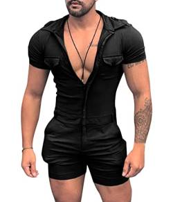 Oanviso Herren Casual Kurzarm Strampler Einfarbig Persönlichkeit Overalls Reißverschluss oder Knopfverschluss One-Piece Sport Onesie Bequemer Schlafanzug Multi-Kragenformen Jumpsuit A Schwarz L von Oanviso