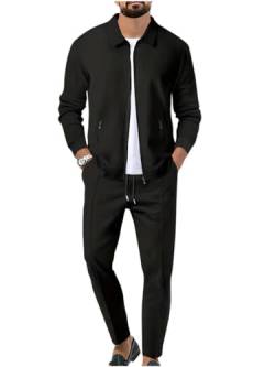 Oanviso Herren Casual Trainingsanzug Jogginganzug Strickjacke mit Revers Mode Oberbekleidung und Sporthosen Männer Slim Fit Sweatjacke Vintage Cardigan für Herbst A Schwarz M von Oanviso