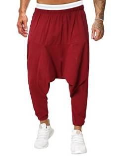 Oanviso Herren Haremshose Aladinhose Sporthose Streetwear Pants mit Taschen Elastische Taillen Strand Hosen Elastisch Hosenfuß Hippie-Hose Einfarbig Baggy Freizeit Herrenhose A Rot XL von Oanviso