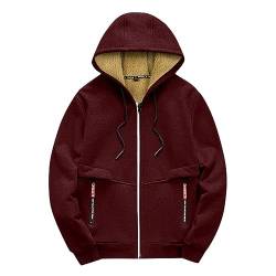 Oanviso Herren Jacke mit Kapuze Einfarbig Durchgehendem ReißVerschluss Arbeitsjacke Casual Kapuzenpulli mit Plüsch Outdoor Trekking Wander Dicke Polar-Fleece-Jacke Winter B Rotwein XXL von Oanviso