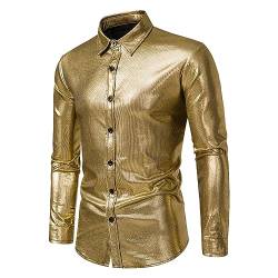 Oanviso Herren Langarmhemd 70er 80er Jahre Disco Revers Hemd Paisley Jacquard Hemd Glänzend Gestreiftes Hemd Frezeit Business Hemd Slim Fit Satin Hemd für Party Halloween Cosplay A Gold XXL von Oanviso