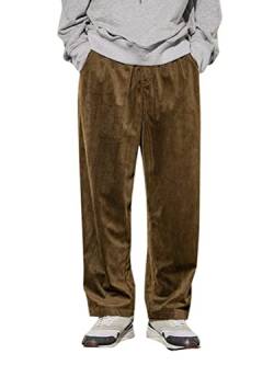 Oanviso Herren Lange Hose Freizeithose Mode Retro Cordhosen Warm Pants mit Plüschfutter Loose Dicker Cord Hosen mit Weitem Bein Herbst und Winter Klassische Basic Sporthose mit Tasche A Khaki L von Oanviso