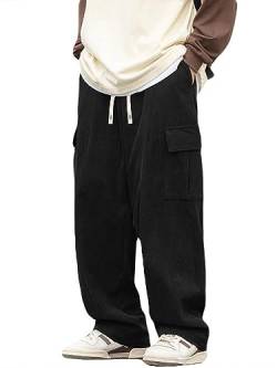 Oanviso Herren Lange Hose Freizeithose Mode Retro Cordhosen Warm Pants mit Plüschfutter Loose Dicker Cord Hosen mit Weitem Bein Herbst und Winter Klassische Basic Sporthose mit Tasche C Schwarz XXL von Oanviso