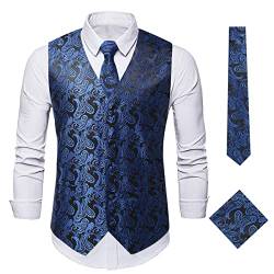 Oanviso Herren Paisleymuster Jacquard Weste Krawatte/Fliege Einstecktuch Weste 3PC Set V-Ausschnitt Anzug Weste Formelle Businesss Weste Party Hochzeits Kleidweste Ärmellos Vest A Blau L von Oanviso