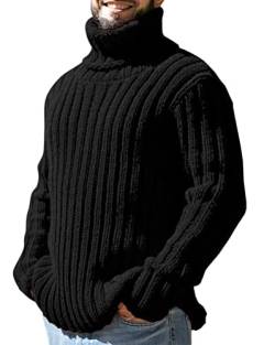 Oanviso Herren Strickpullover mit Rollkragen Zopfmuster Pullover Einfarbig Spleißen Winterpullover Grobstrick Pulli Warme Herbst Sweater Regular Fit Freizeit Pullunder Langarm Männer A Schwarz L von Oanviso