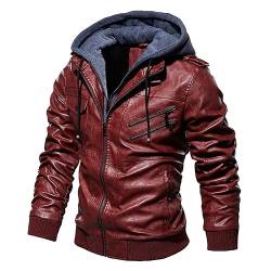 Oanviso Herrenjacke Lederjacke Warme Mantel Winter Jacken mit Kapuze PU Leather Jacket Herbst Mäntel Motorrad Kunstleder Jacket mit Zip Bikerjacke Männer A Rot XL von Oanviso