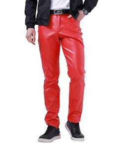 Oanviso Lederhosen Herren Herrenhosen Freizeithose mit Reißverschluss Mode Herbst Lange Hose Gerade Hosen Einfarbige Klassisch Kunstleder Pants Motorrad Leder Hose Leicht Elastisch Steampunk A Rot XL von Oanviso