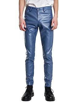 Oanviso Lederhosen Herren Herrenhosen Freizeithose mit Reißverschluss Mode Herbst Lange Hose Gerade Hosen Einfarbige Klassisch Kunstleder Pants Motorrad Leder Hose Leicht Elastisch Steampunk B Blau L von Oanviso