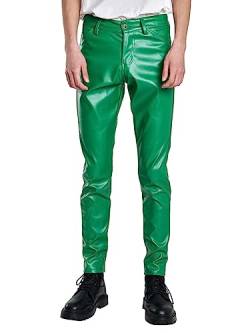 Oanviso Lederhosen Herren Herrenhosen Freizeithose mit Reißverschluss Mode Herbst Lange Hose Gerade Hosen Einfarbige Klassisch Kunstleder Pants Motorrad Leder Hose Leicht Elastisch Steampunk B Grün M von Oanviso