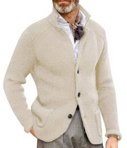 Oanviso Strickjacke Herren Cardigan mit Langen Ärmeln Stehkragen Casual Strick Mantel mit Knopf und Taschen Gestrickte Pullover Herbst und Winter Sweater Jacke A Beige M von Oanviso