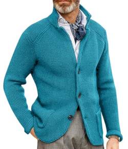 Oanviso Strickjacke Herren Cardigan mit Langen Ärmeln Stehkragen Casual Strick Mantel mit Knopf und Taschen Gestrickte Pullover Herbst und Winter Sweater Jacke A Blau S von Oanviso