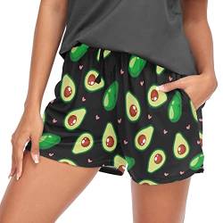 Oarencol Avocado Heart Fruits Schwarz Damen Pyjama Shorts Lounge Schlafhose mit Taschen S-XXL, multi, 38 von Oarencol