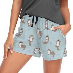 Oarencol Cute Otter Shellfish Damen Pyjama Shorts Tiere Blau Lounge Schlafhose mit Taschen S-XXL, multi, 42 von Oarencol