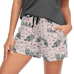 Oarencol Cute Sea Otters Damen Pyjama Shorts Valentinstag Tier Herz Rosa Lounge Schlafhose mit Taschen S-XXL, multi, 38 von Oarencol