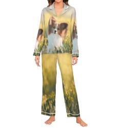 Oarencol Damen Pyjama-Set Cute Papillon Hund Langarm Nachtwäsche Tier Blume Weich Satin Pjs Lounge Sets mit Taschen, multi, 38 von Oarencol