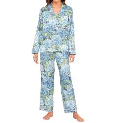 Oarencol Damen Pyjama Set Hortensie Blume Blätter Langarm Nachtwäsche Blau Floral Soft Satin Pjs Lounge Sets mit Taschen, multi, 36 von Oarencol