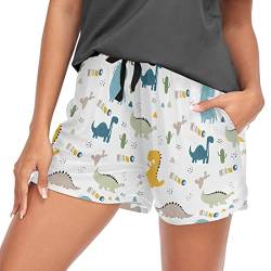 Oarencol Süße Dinosaurier Kaktus Damen Pyjama Shorts Tiere Dino Lounge Schlafhose mit Taschen S-XXL, multi, Medium von Oarencol