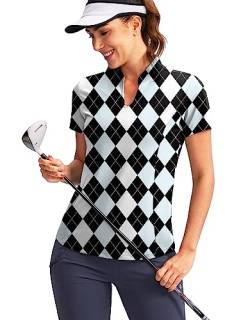 Obla Damen-Golf-Poloshirt, V-Ausschnitt, kurzärmelig, ohne Kragen, schnell trocknend, Tennis, Laufen, T-Shirt, Golf-Oberteile für Frauen, Schwarz-blaues Argyle, Groß von Obla