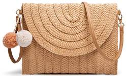 Stroh Schultertasche Stroh Clutch Frauen handgewebt Pom Stroh Crossbody Tasche Sommer Strand Umschlag Geldbörse, A-Khaki, von Obosoyo