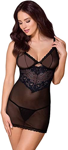 Obsessive verführerisches Damen Dessous-Set aus edlem Babydoll mit Spitze und Tanga, in hübscher Geschenkbox (L-XL, Schwarz-Spitze) von Obsessive