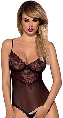 Obsessive zarter figurbetonender Ouvert-Body mit schicker Spitze und Satin-Schnürung in toller Geschenkbox (S/M, Schwarz-Bordeaux) von Obsessive