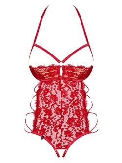 Obsessive. Elegantes Teddy Body Rot aus Mesh und Spitze mit Rückenausschnitt und Unterbrust-Ausschnitt an der Brust Schnürung und Riemchen Größe: S/M von Obsessive.